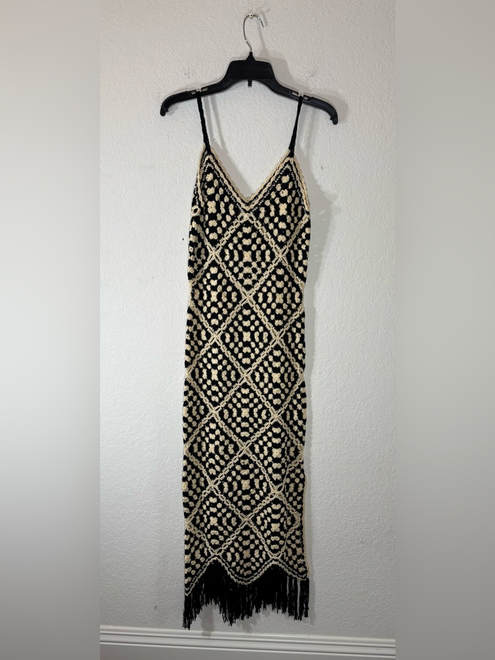 Elan Crochet Maxi Cover Up Dress Size Small Black Off White Cream Fringe NWT - Picture 10 of 15